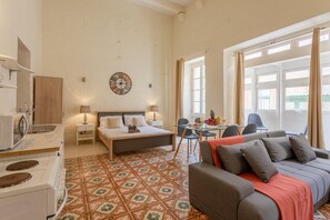 The open-plan living, bedroom, kitchen and dining area