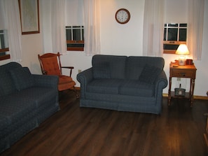 Living area with queen sofa bed, love seat, tv and closet area
