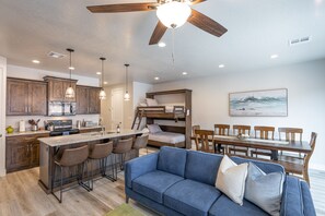 View of Family Room with Wallbed Down - This bunk wall bed gives you extra sleeping room for your guests.