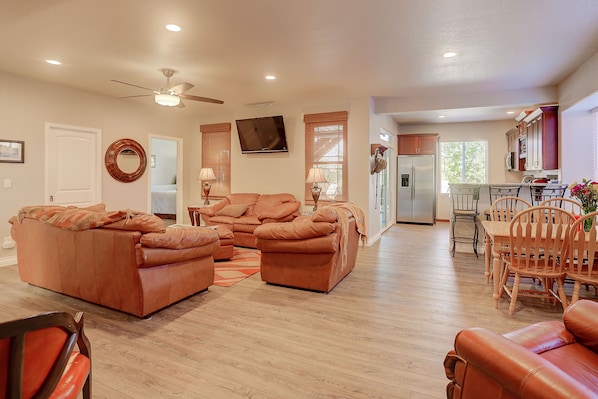 Great Room with Dining Area and Kitchen to the Right.