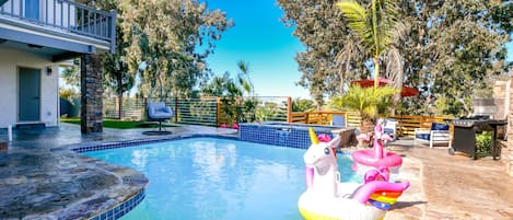 Large private heated pool with fun unicorns and flamingos!
