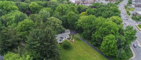 Location, Location!  1.8 private acres. Seconds to everything but feels secluded at the same time!   Pittsford Plaza, in background, has movie theater, Cheesecake Factory, Barnes & Noble and the list goes on. Minutes to Rochester.