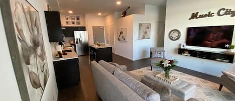 View of living room and kitchen