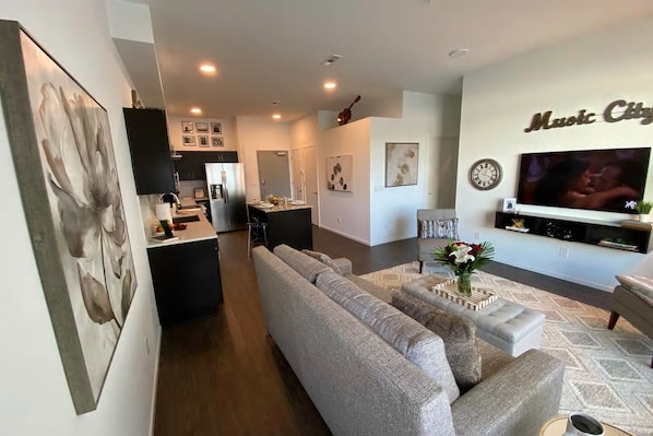 View of living room and kitchen