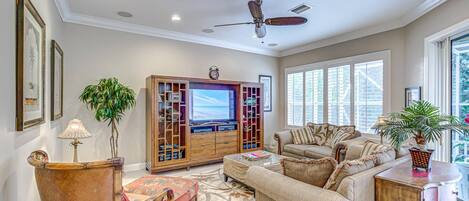 Plenty of seating in the large living room.  Enjoy movie night on the Smart Samsung, including YouTube TV.