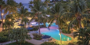 Pool at night with beautiful lighting.