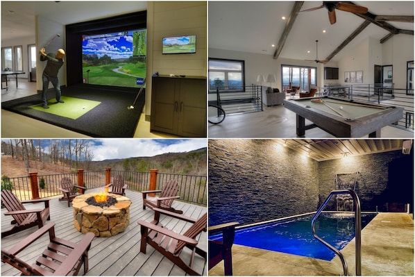 This Mountain Home has it all!  Breathtaking view, Golf Simulator, Pool Table, Game Room, Fire Pit, Heated Indoor Pool, Theater, & Much MORE!!!