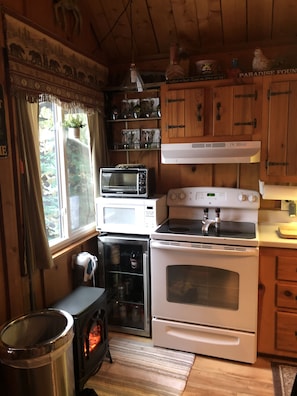 Kitchen, electric stove, microwave, toaster oven.  Small fireplace electric heat