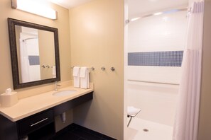 Freshen up in the bathroom after a day of adventure.