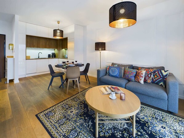 Living room with a comfortable sofa and TV. 