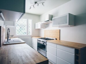 Fully-equipped kitchen with a gas stove