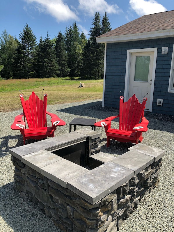 Fire pit and custom lobster Adirondack chairs 🦞