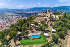 Aerial view of pool, garden and villa