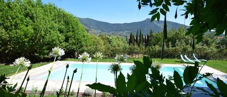 la piscina con vista del castello della Verruca