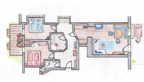 Ferienwohnung  Alpenglück, 1-5 Personen, 65 qm, Terrasse, W-LAN, 2 Schlafzimmer-Grundriss Alpenglück