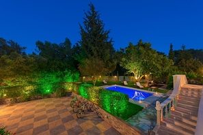 Swimming pool area at night