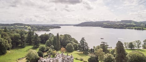 Aerial shot of Wansfell Holme, the surrounding gardens and Lake Windermere
