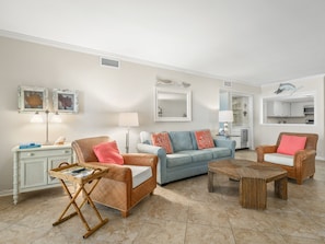 Main Living Area - Looking in from the lanai is the expansive living area with its comfortable seating and sleeper sofa.