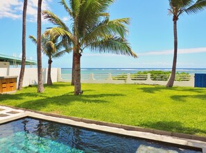 Grand jardin planté de cocotiers et piscine en ardoise