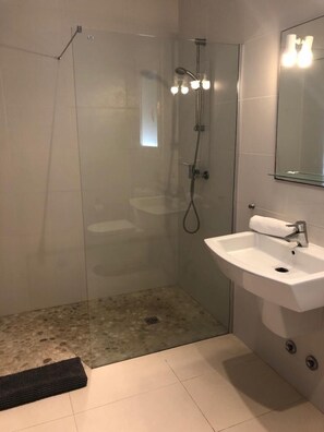 En suite bathroom with walk in shower and WC