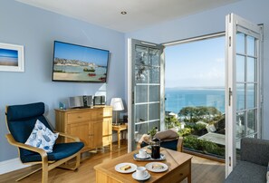 The View, Carbis Bay: The Juliet balcony boasting glistening ocean vistas across Carbis Bay