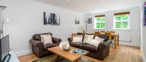 Living area with a designer sofa and a comfortable armchair.