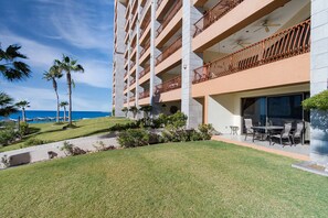 the patio opens onto the Resorts green lawns