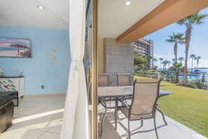 the patio has a dining table