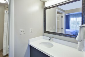 Freshen up in the bathroom after a day of adventure.