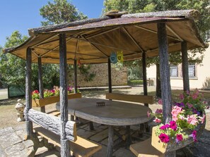 Plant, Table, Flower, Sky, Outdoor Table, Shade, Botany, Outdoor Furniture, Building, Tree