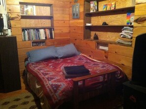 Downstairs bed with small library.