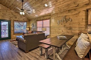 Dining table has plenty of bench seating.