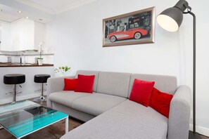 Comfortable, fold-out sofa in the living room. 