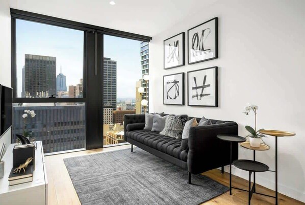 Open-planned living room with city view