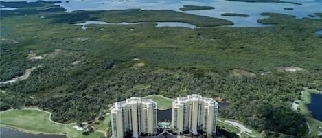 Jasmine Bay Towers at West Bay facing the Gulf, Estero Bay, and sanctuary.