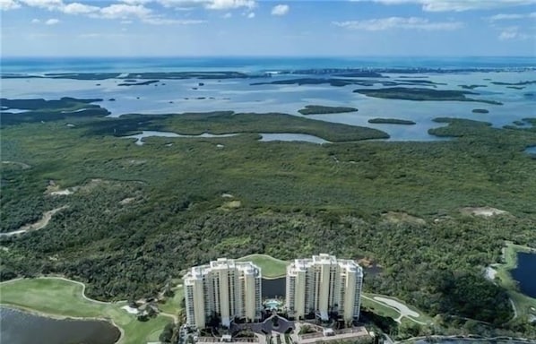 Jasmine Bay Towers at West Bay facing the Gulf, Estero Bay, and sanctuary.