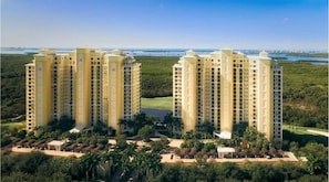 Jasmine Bay Towers at West Bay Club facing the Gulf, Estero Bay, and sanctuary.