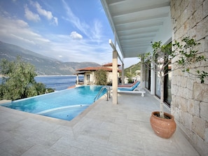 Exterior view of the villa with a private infinity pool.