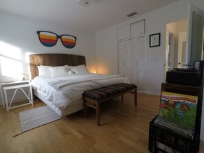 Fun Master Bedroom with Classic Vinyl Record Collection