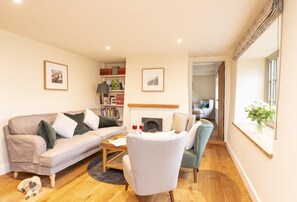 Evergreen, Bransgore: Cosy seating area with fire and well stocked bookcase