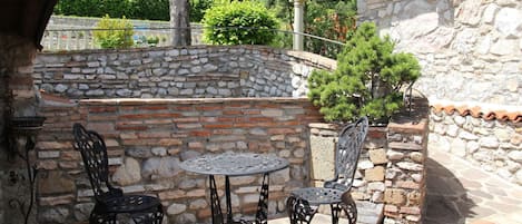 Property, Stone Wall, Iron, Wall, Flagstone, Furniture, Room, House, Building, Patio