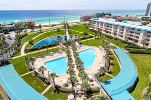 Aerial View of Amalfi Coast Resort (2) Pools, Koi Pond, Fountains, Beach & Gulf of Mexico
