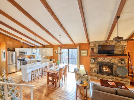 open area with our large fireplace in the center