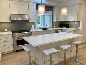 Fully equipped kitchen, modern stainless steel appliances, central island