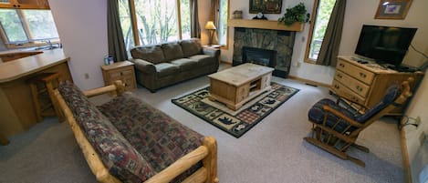 Living Room with Queen Sleeper Sofa, Queen Futon and Gas Fireplace