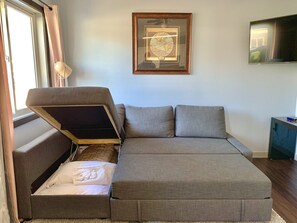 We have you covered! Extra bedding is stored in the storage compartment of the sofa!