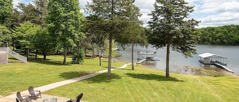 Gentle slope to your private dock.  Includes private hot tub & plenty of parking