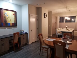 main level desk, dining, and kitchen