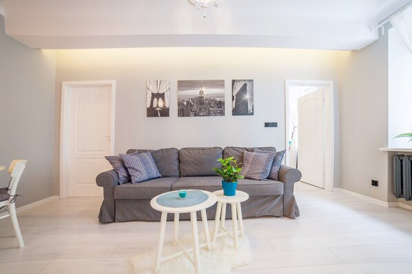 Living room with a fold-out sofa bed and TV.