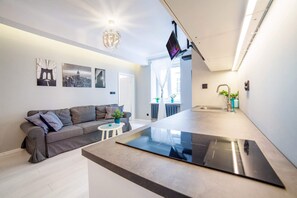 Living room with a fold-out sofa bed, TV and kitchenette.